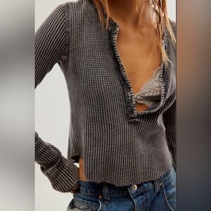 Gray Waffle Knit Long Sleeve Top